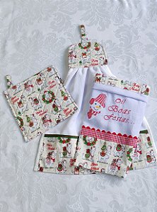 Kit de Cozinha Natalino: Pano de Prato, Toalha de Mão e Pegador de Panelas