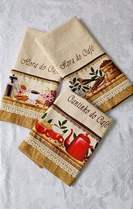 Pano de Prato Rústico Tema Café - Conjunto com 3 Peças