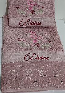 Jogo de Banho Premium Rosa seco- Bordado Exclusivo Borboleta e rosa - Duas peças