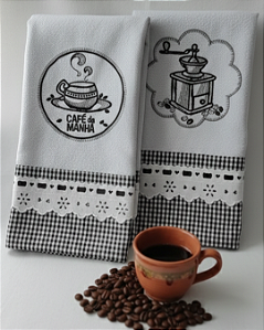 Kit 2 Panos de Prato Bordados à Maquina - Coleção Café