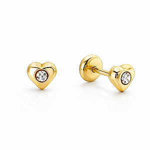 Brinco Infantil Coração Pedrinha Folheado Ouro 18k Hipoalergênico Tarraxa Baby Delicado