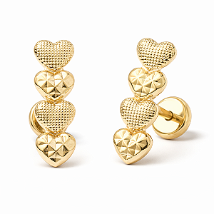 Brinco Baby 4 Corações Reto Diamantado Folheado a Ouro