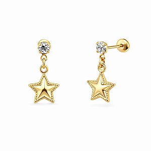 Brinco infantil Estrela Pendurado com Pedrinha Folheada a Ouro 18k Tarraxa Baby Conforto e Delicadeza