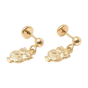 Brinco Coruja com Bolinha Folheado a Ouro