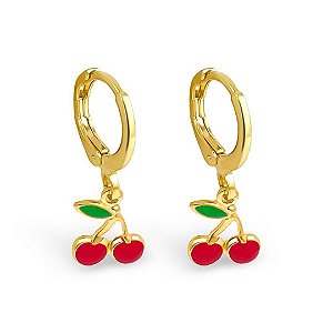 Brinco Argolinha de Cereja com Resina Folheado a Ouro