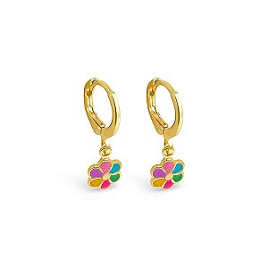Brinco Argolinha Florzinha Multicor Folheado a Ouro