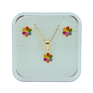 Conjunto Infantil Brinco E Colar Florzinha Folheado a Ouro