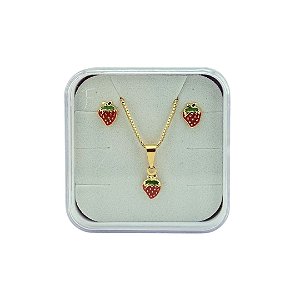 Conjunto Infantil Brinco E Colar Morango Folheado a Ouro