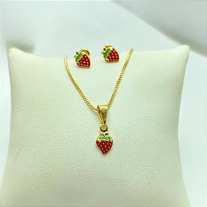 Conjunto Infantil Brinco E Colar Morango Folheado a Ouro