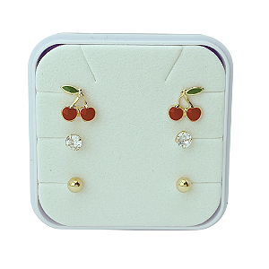 Trio Cerejinha Brincos Infantis Folheado a Ouro com Tarraxa Baby Hipoalergênicos e Caixinha Acrílica