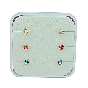 Trio Brinco Infantil Pedrinha 3mm Zircônia Cristal, Vermelha e Azul Folheado a Ouro