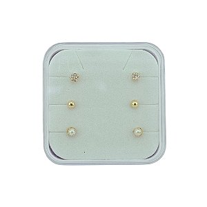 Brinco Trio Baby Bolinha, Pedrinha e Perola Folheado a Ouro