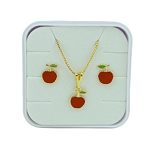 Conjunto Infantil Brinco Maça, Colar e Pingente Folheado a Ouro