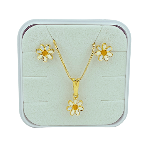 Conjunto Feminino Infantil Colar, Brincos Baby e Pingente Flor Folheado a Ouro