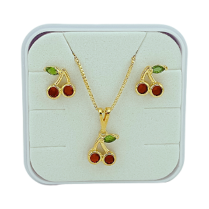 Conjunto Infantil Colar Veneziana, Brinco Baby e Pingente Cerejinha Cravejada Folheado Ouro