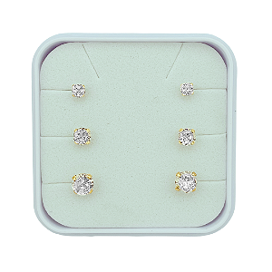 Trio Brincos Pedrinha Zircônia 3, 4 e 5mm Folheado a Ouro Tarraxa Baby