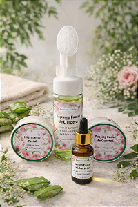 Kit de Cuidados Faciais Naturais - Espuma de Limpeza, Peeling de Cristais de Quartzo, Sérum e Hidratante