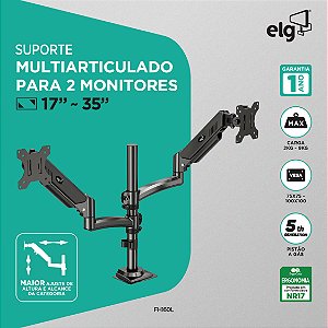 Suporte Ergonômico Tipo Torre Multiarticulado de Mesa, 2 Monitores 17" a 35", Pistão a Gás, Preto, FH160L, ELG