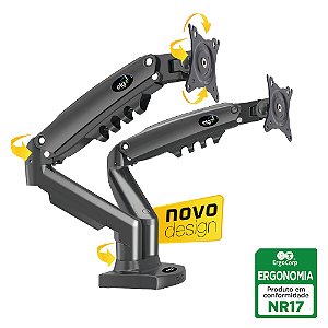 Suporte Ergonômico Articulado de Mesa, 2 Monitores 17" a 35", Pistão a Gás, Suporta Até 9kg por Tela, Preto, AF160N, ELG
