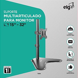 Suporte Ergonômico Articulado de Mesa, Monitor 15" a 32", Ajuste de Altura, Até 8kg, Giro 360°, Preto, T80N, ELG