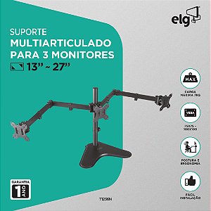 Suporte Ergonômico Articulado de Mesa, 3 Monitores 13" a 27", Ajuste de Altura, Até 7kg por Monitor, Preto, T1236N, ELG