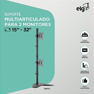 Suporte Ergonômico Articulado de Mesa, 2 Monitores 15" a 32", Ajuste de Altura, Preto, T80N2V, ELG