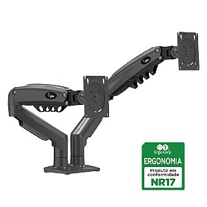 Suporte Ergonômico Articulado de Mesa, 2 Monitores 17" a 35", Pistão a Gás, Suporta Até 9kg por Tela, Preto, F160N, ELG