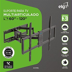 Suporte Articulado de Parede para TV 60” a 120”, 120kg, VESA 900x600, Preto, ELG A02V9XL