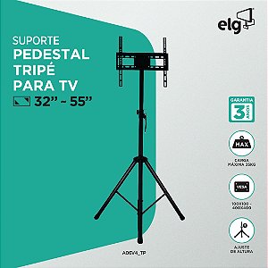 Suporte Pedestal Tipo Tripé para TV, 32" a 55", Suporte Até 35kg, Altura Ajustável 124-188cm, Preto, A06V4_TP, ELG