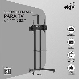 Suporte Pedestal Móvel para TV, 32" a 75", Suporte Até 50kg, Altura Ajustável, Inclinação, Rodízios, Preto, A06V6_S, ELG