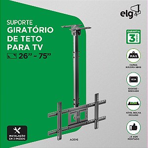 Suporte Giratório Inclinável de Teto para TV, 26" a 75", Suporte Até 68kg, Giro 30°, Ajuste de Altura, Preto, A05V6, ELG