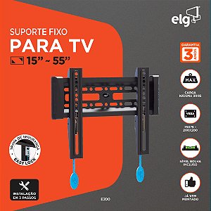 Suporte Fixo de Parede para TV, 15" a 55", Trava Automática, Suporte Até 30kg, Preto, E200, ELG