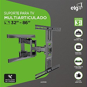 Suporte Articulado de Parede para TV, 32" a 86", Suporte Até 46kg, Distância Ajustável 5-38cm, Preto, A02V6N, ELG