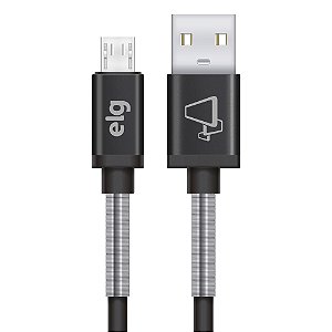 Cabo Micro USB, Sincronização e Recarga 12W 2.4A, Reforço em Mola Inox, 1 metro, Preto, SP510BK, ELG