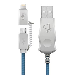 Cabo Lightning e Micro USB com LED Azul, Sincronização e Recarga 12W 2.1A, 1 metro, LEDB510BE, ELG