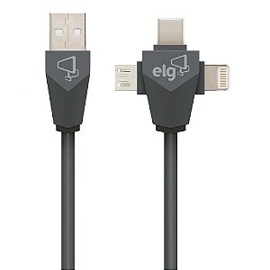 Cabo 3 em 1, Sincronização e Recarga 12W 2.4A, Lightning, USB Tipo-C e Micro USB, 1,5 metro, Cinza, PW31C, ELG