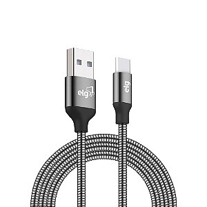Cabo USB Tipo-C, Sincronização e Recarga 15W 3A, Aço Inox Ultra Resistente, 1 metro, Cinza, INXC10GY, ELG