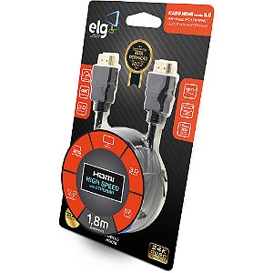 Cabo HDMI 2.0, 4K UHD 18Gbps, com Ethernet, Conectores Banhados a Ouro 24K, 1,8 metros, Preto, HS1018, ELG