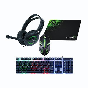 Combo Gamer Canopus 4 em 1, Teclado Membrana ABNT2 com Iluminação, Mouse RGB, Headset 40W, Mousepad, CGCS41, ELG