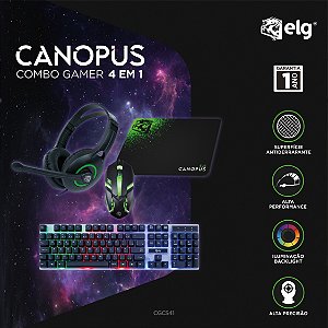 Combo Gamer Canopus 4 em 1, Teclado Membrana ABNT2 com Iluminação, Mouse RGB, Headset 40W, Mousepad, CGCS41, ELG