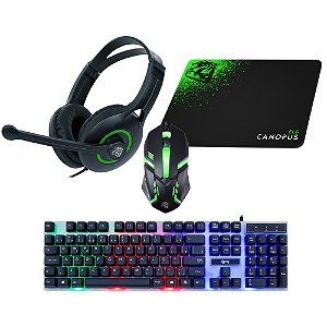 Combo Gamer Canopus 4 em 1, Teclado Membrana ABNT2 com Iluminação, Mouse RGB, Headset 40W, Mousepad, CGCS41, ELG
