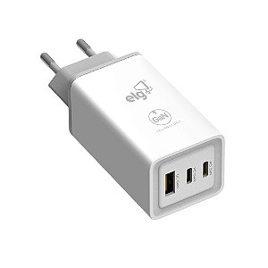 Carregador de Parede USB GaN, 3 Portas, 2 Tipo-C Power Delivery + USB-A Quick Charge 3.0, 65W, Branco, W65GAN, ELG