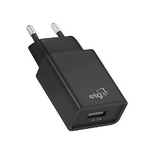 Carregador de Parede USB Universal, 1 Porta USB 2.1A 10.5W, Carga Rápida, Proteção Inteligente, Preto, WC1APT, ELG