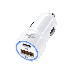 Carregador Veicular Universal, USB-C 3.1A + USB-A 3.1A, 12V-24V, Carga Rápida, Branco, CC2STC, ELG