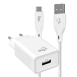 Kit Carregador de Parede Universal, com Cabo USB Tipo-C de 1 Metro, Carga Rápida 2.4A, Branco, KTC10WC, ELG