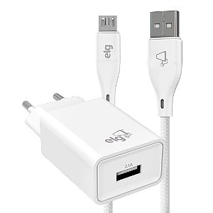 Kit Carregador de Parede Universal, com Cabo Micro USB de 1 Metro, Carga Rápida 2.4A 12W, Branco, KT510WC, ELG