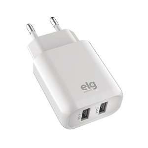 Carregador de Parede USB Universal, 2 Portas USB 2.4A, Carga Rápida, Proteção Inteligente, Branco, WC124E, ELG