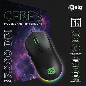 Mouse Gamer Ceres Hyperlight, 7200 DPI, 6 Botões, Sensor Óptico, RGB, Ultraleve, USB, Preto, MGCS, ELG