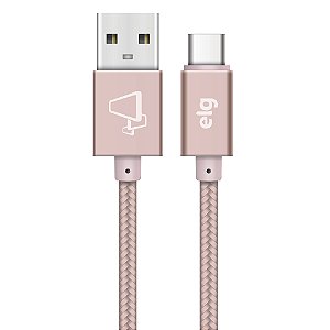 Cabo USB Tipo-C, Carga Rápida 15W 3A, Nylon Trançado Flat, Ultra Flexível, 1 metro, Rose Gold, TC10BRG, ELG