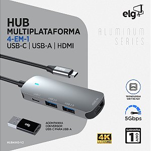 Adaptador Hub USB-C 3.0, Expansão com 4 Portas (inclui HDMI 4K), Transferência 5Gbps ELG, HUB41HD-V2 - Cinza